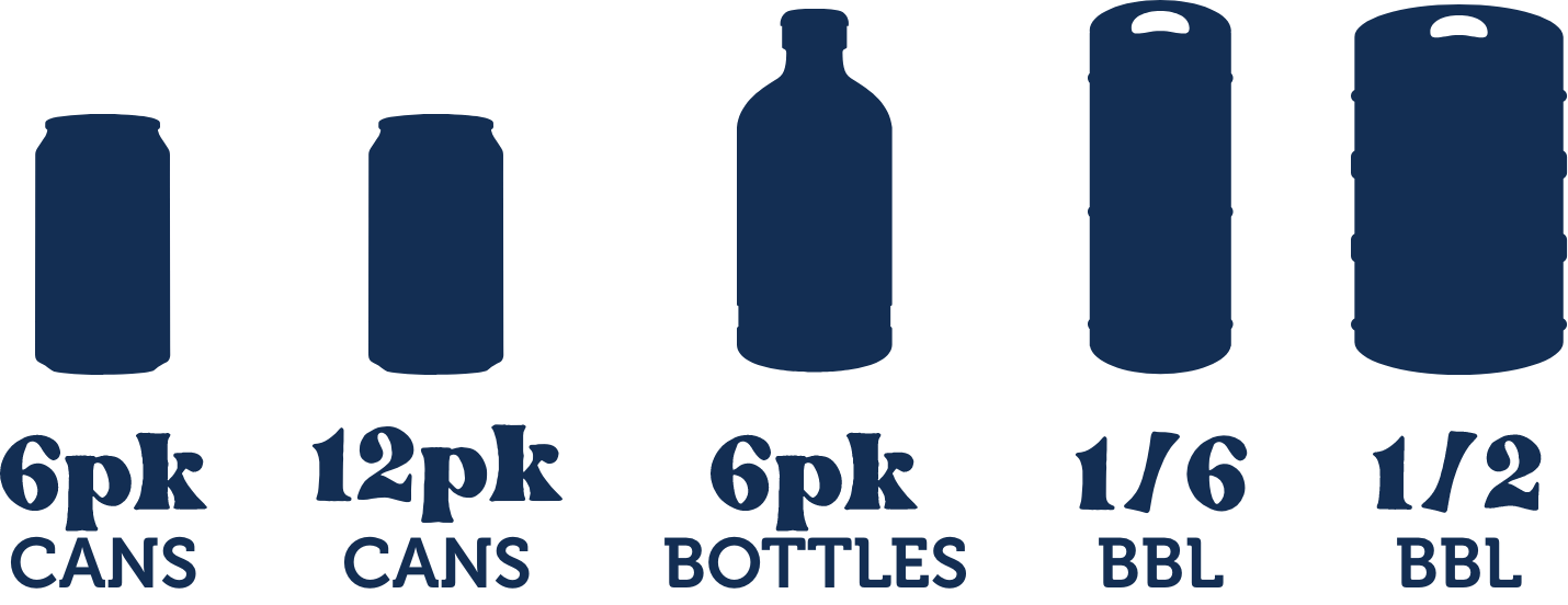 6-12 Pack Cans, 6 Pack Bottles, 1/6 BBL, 1/2 BBL